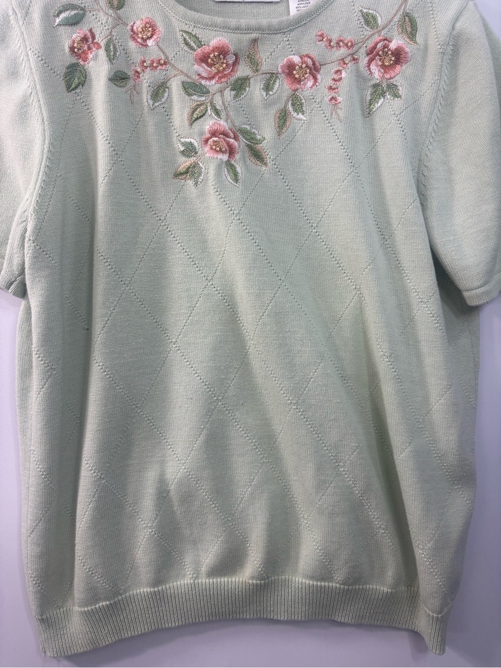 Alfred Dunner Floral Embroidered Beaded Short Sleeve Sweater Small Green VTG - Picture 6 of 8